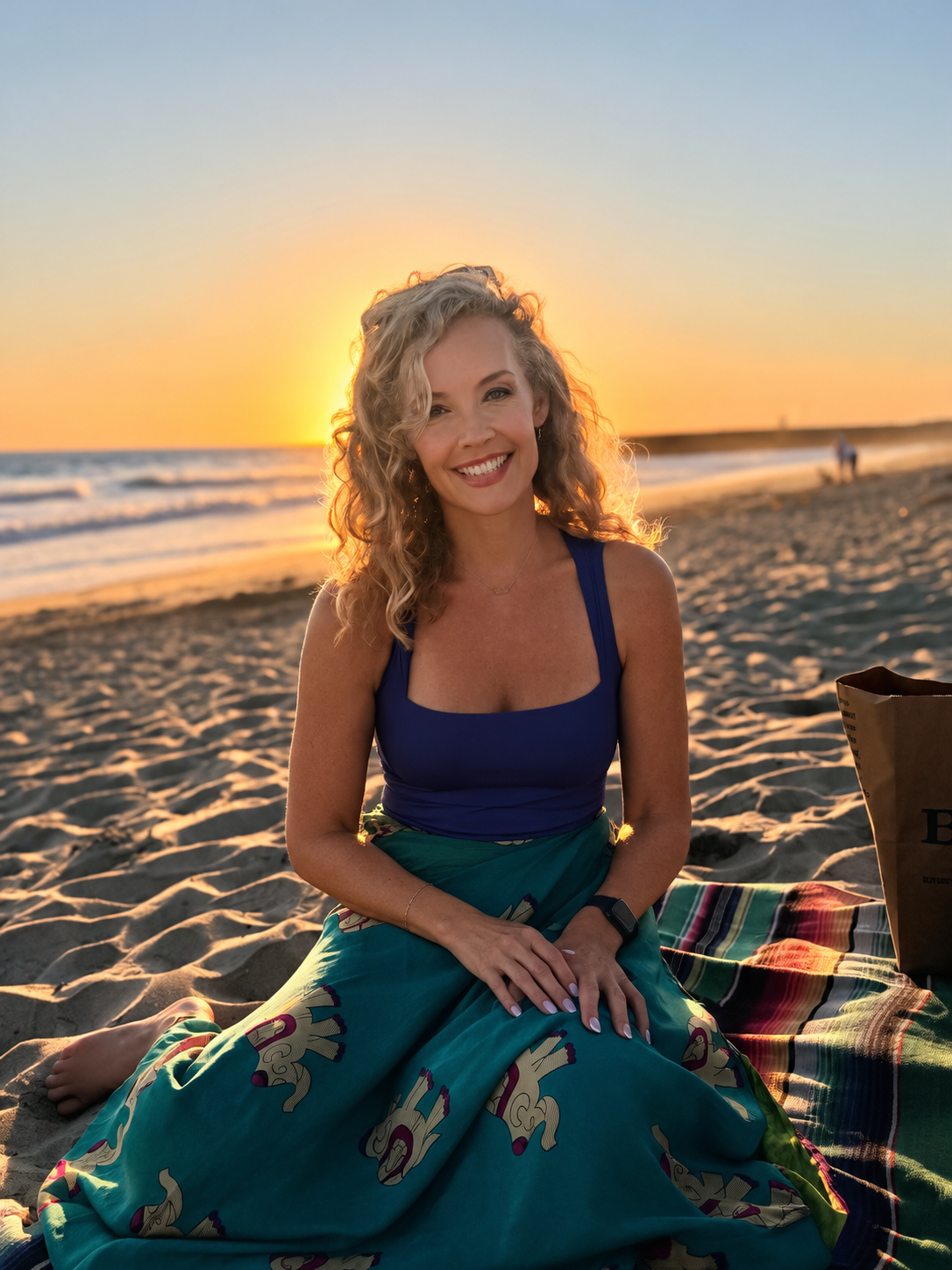 Savannah Miller, MSW, LICSW, LCSW sitting on a beach blanket at sunset